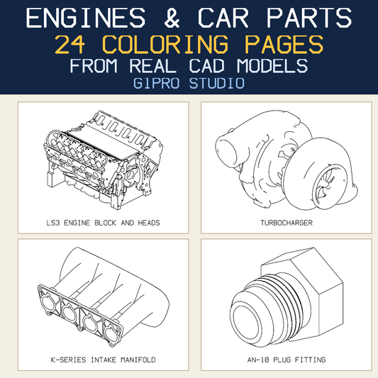 Engines and Car Parts coloring book cover: LS3 engine, turbocharger, intake manifold and AN fitting line art