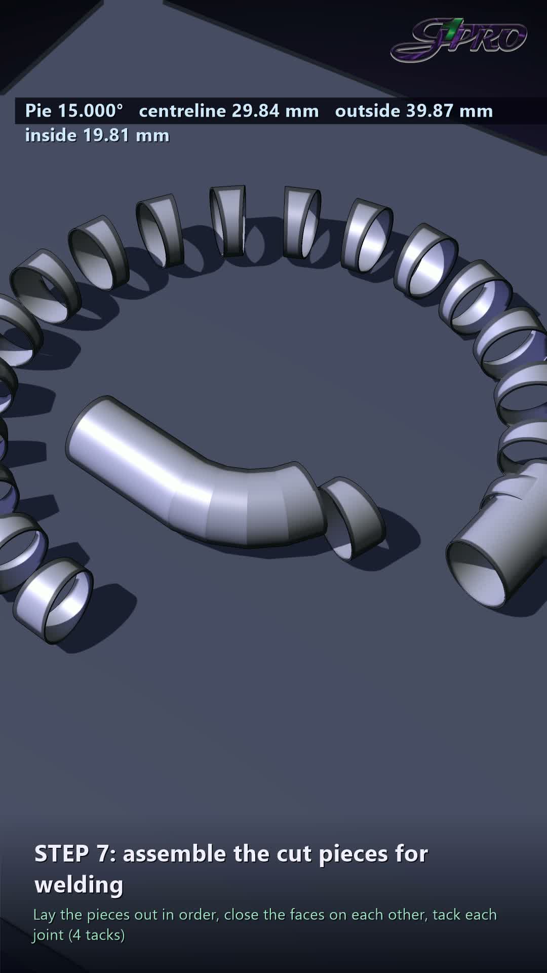 G1Pro CAD render: a 15 degree pie-cut pipe elbow, with the cut pieces laid out for welding