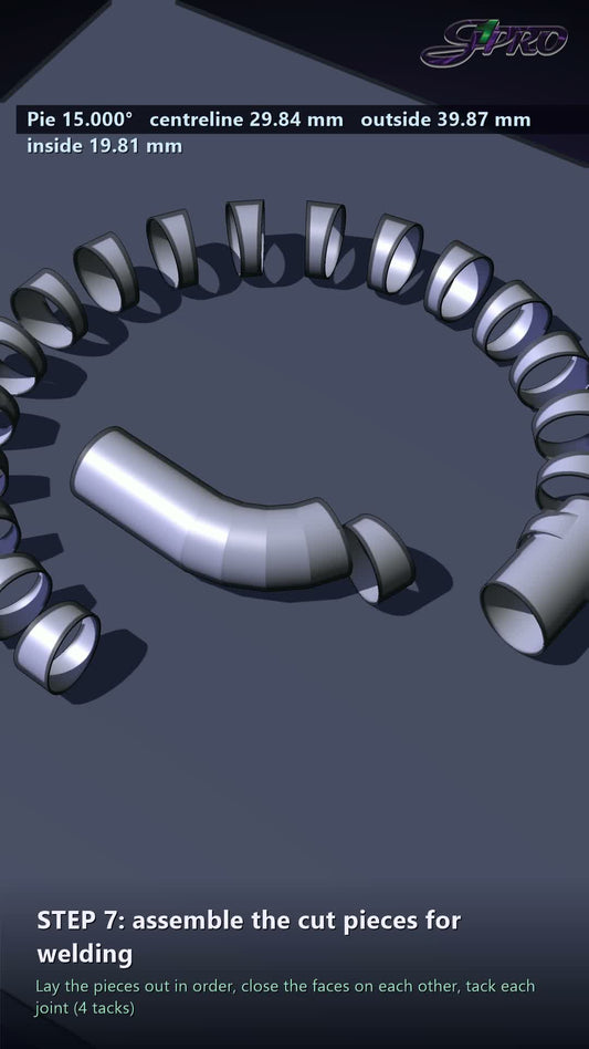 G1Pro CAD render: a 15 degree pie-cut pipe elbow, with the cut pieces laid out for welding