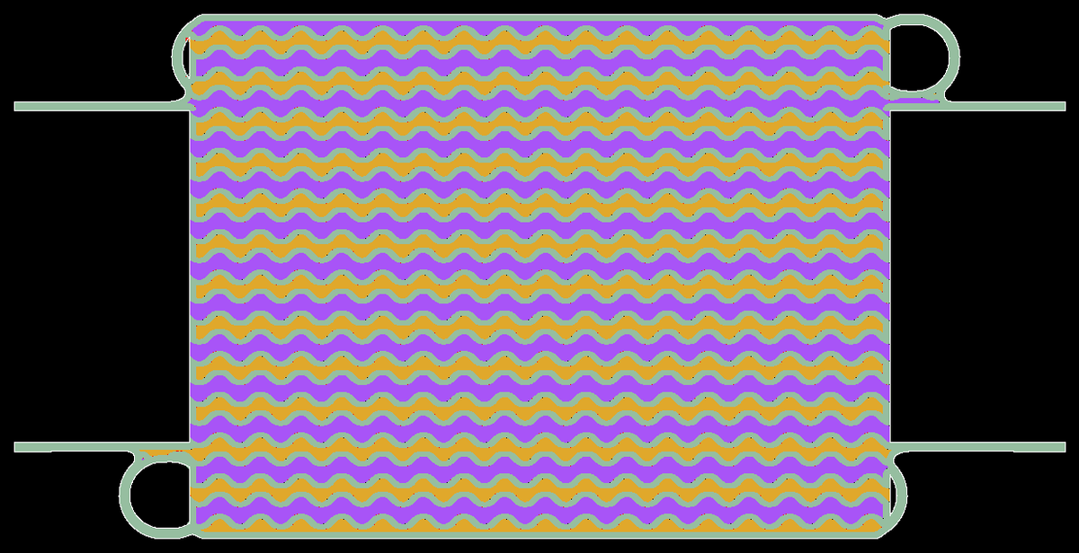 G1Pro gyroid heat exchanger lengthwise cutaway: two fluid paths (purple and gold) separated by one thin wall
