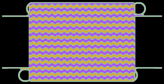 G1Pro gyroid heat exchanger lengthwise cutaway: two fluid paths (purple and gold) separated by one thin wall