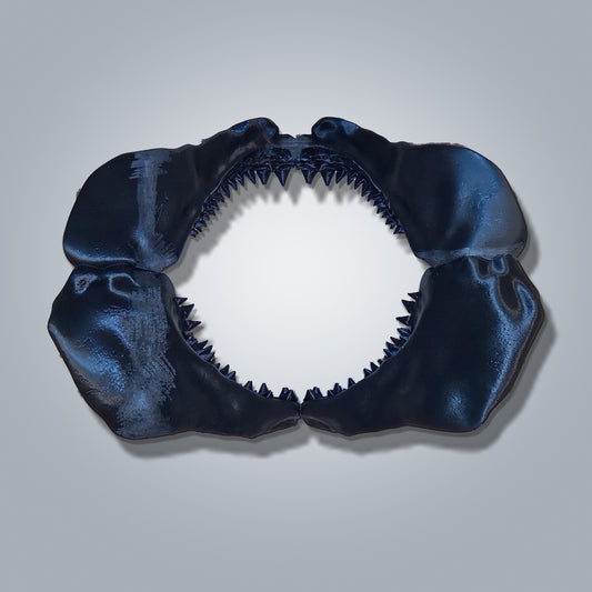 Pre-assembled black glossy 3D printed megalodon shark jaw replica, 500 mm wide