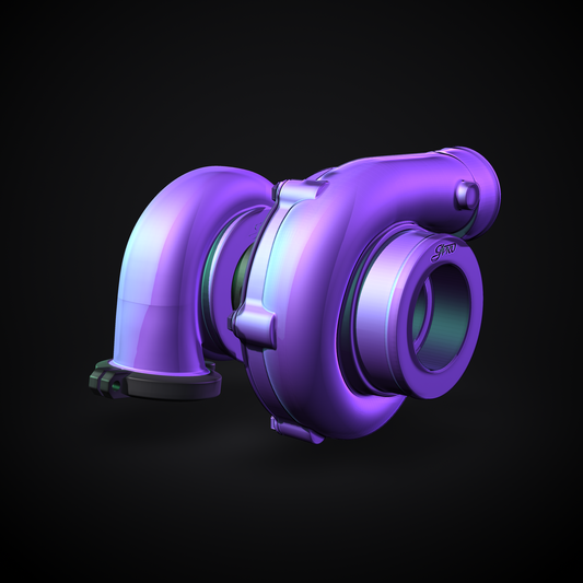 G1Pro complete turbo mock-up (clockwise), 3D printed PLA display and fitment model, studio render, 3/4 view with the compressor inlet forward